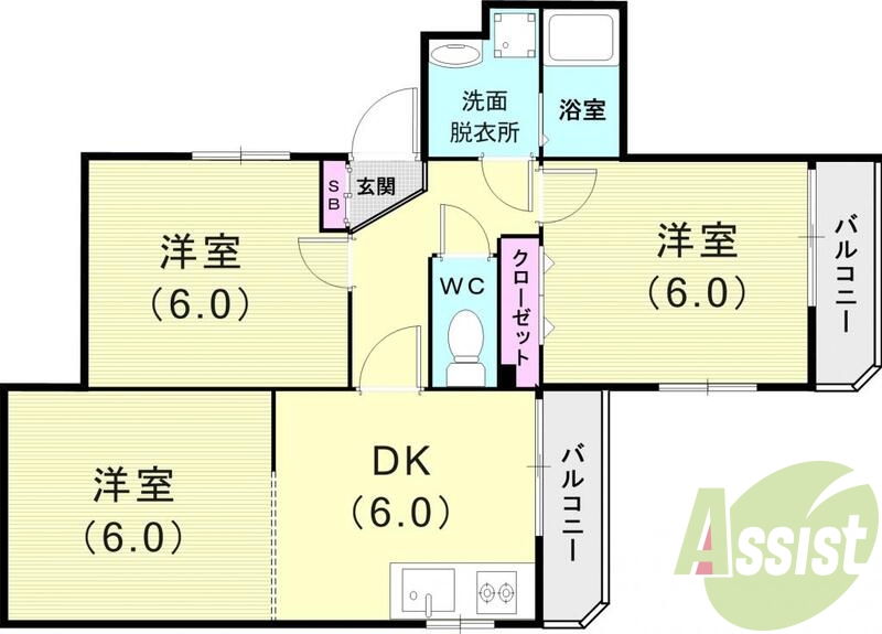 3DK（52.26平米）2面バルコニー・モニターホン・収納