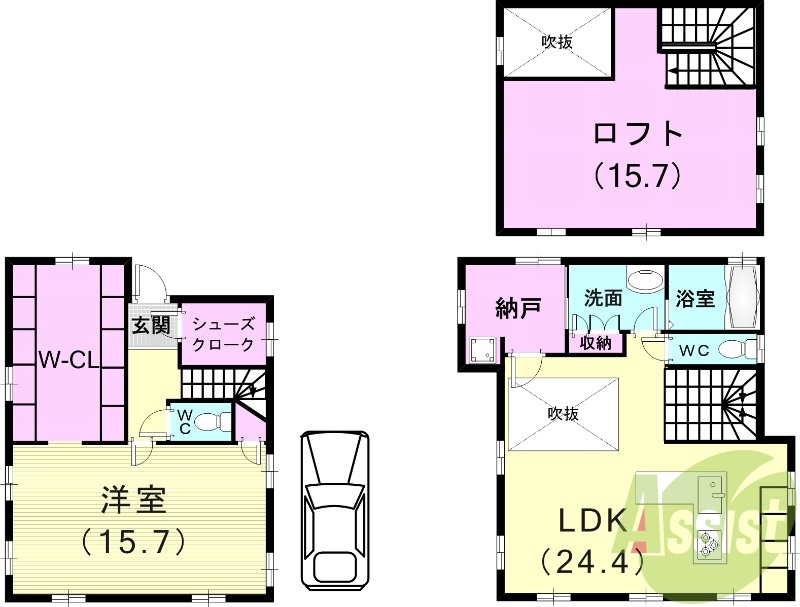 1LDK+ロフト(111.82平米)ガス衣類乾燥機・ロフト