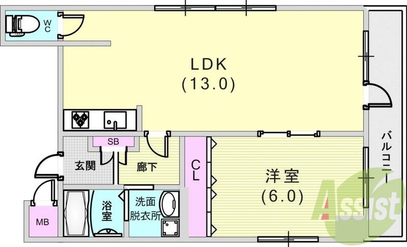 1LDK（41.0平米）システムキッチン・3点セパレート