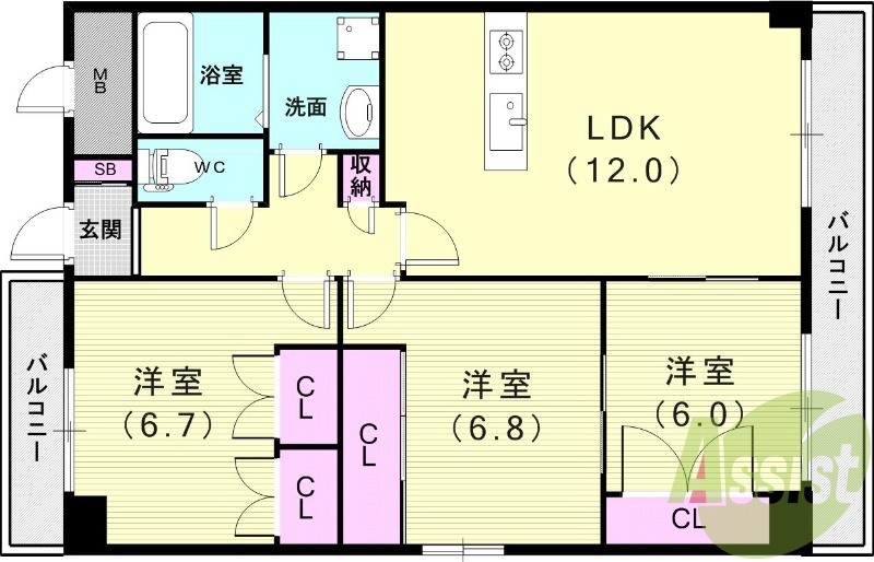 3LDK（68.6平米）モニターホン・エアコン・温水洗浄便座