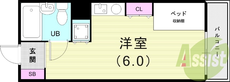 ワンルーム（１９・３平米）収納ベッド・室内洗濯機置場