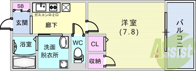 1K（28平米）2口ガスコンロ・下駄箱・エアコン・浴室乾燥機