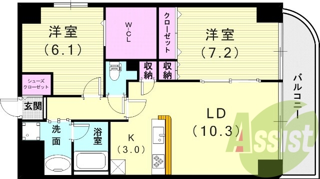 2LDK（６４.６８平米）3口ガスコンロ・独立洗面台・収納
