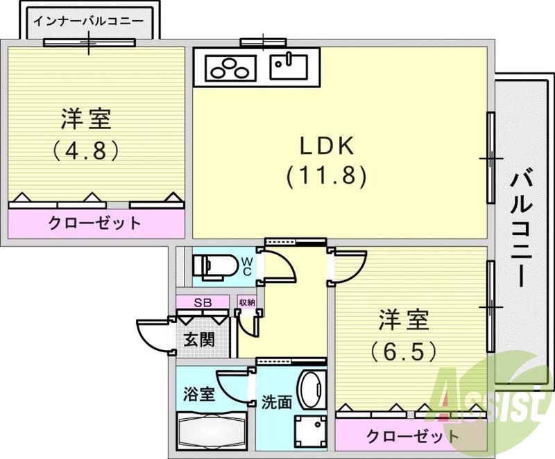 2LDK（56平米）オートロック・エアコン・オール電化・収納