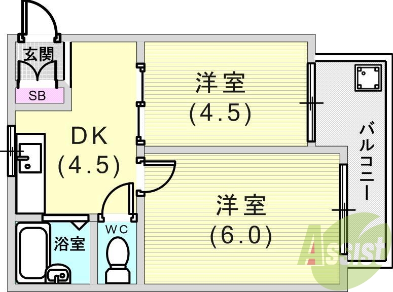 ２DK（24.92平米）ガスキッチン・下駄箱・バストイレ別