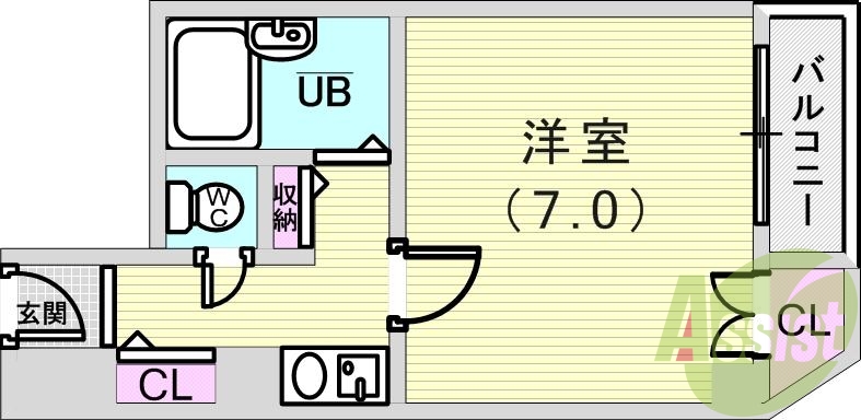 1K（21.4平米）風呂トイレ別・室内洗濯機置き場・収納