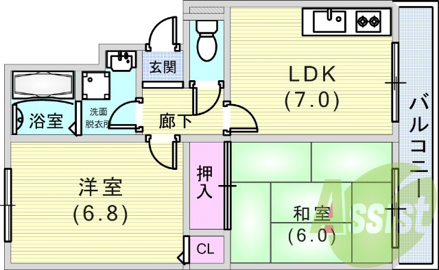 2DK（46.0平米）独立洗面台・室内洗濯機置場・収納