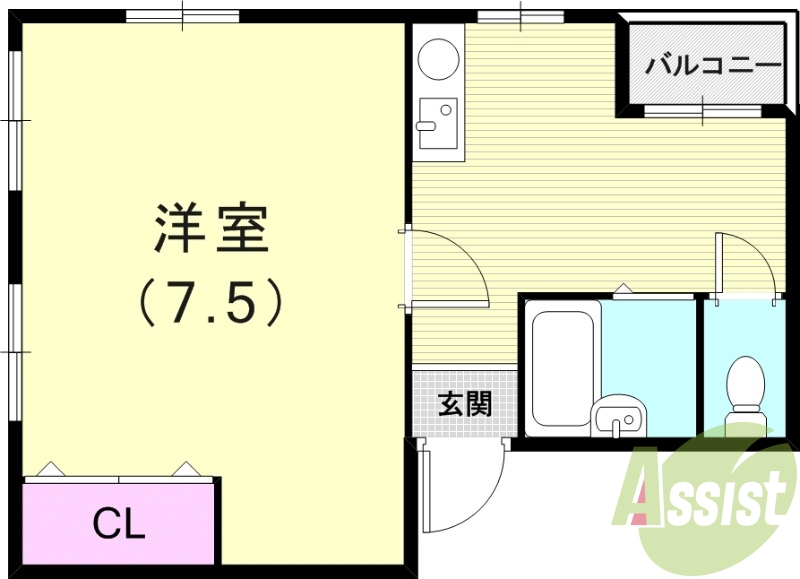 1K（24平米）IHコンロ・室内洗濯機置場・バルコニー・収納
