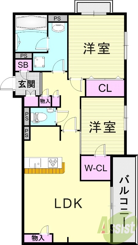 2LDK（61.58平米）オートロック・追い焚き