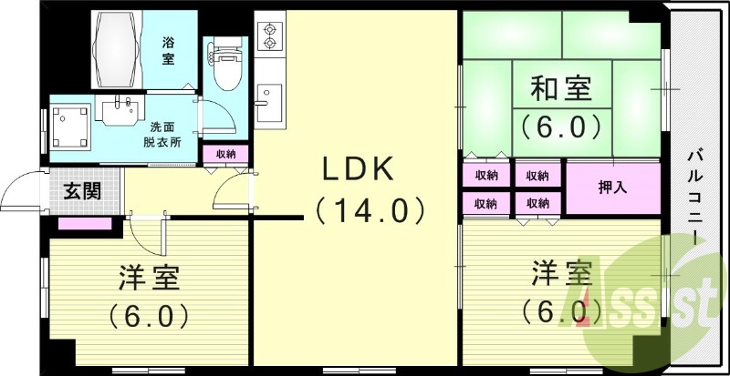 3LDK（68.53平米）室内洗濯機置場・独立洗面台・収納