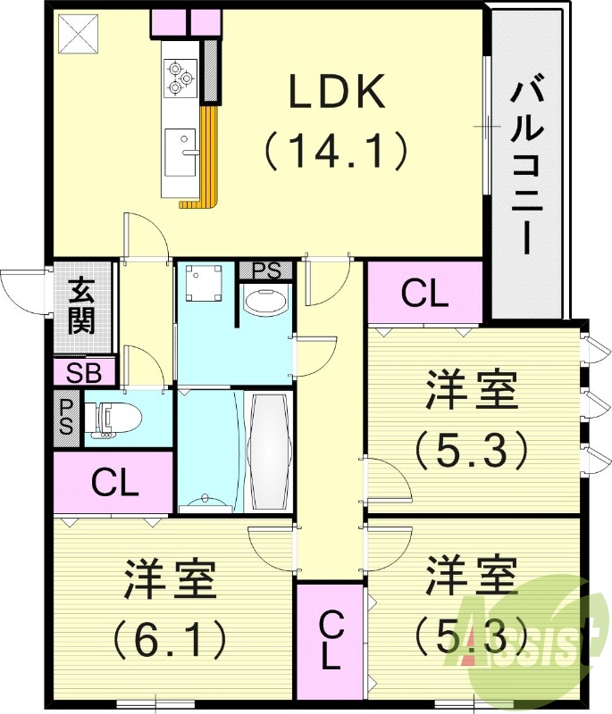 3LDK（72.01平米）２４時間換気設備・対面キッチン