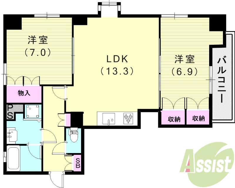 2LDK（63.6平米）カメラ付インターホン・室内洗濯機置場