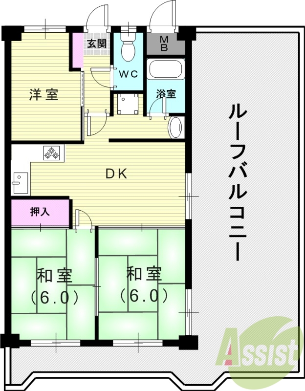 3LDK(50.35平米）ルーフバルコニー・L字型キッチン