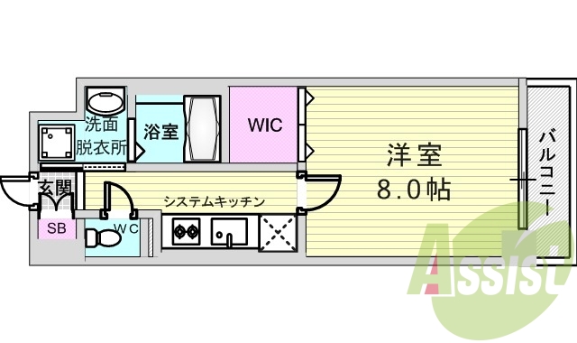 １Ｋ（２８．３７平米）2口ガスコンロ・浴室乾燥機・エアコン