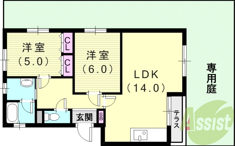 2LDK（56.14平米）専用庭・モニターホン・温水洗浄便座