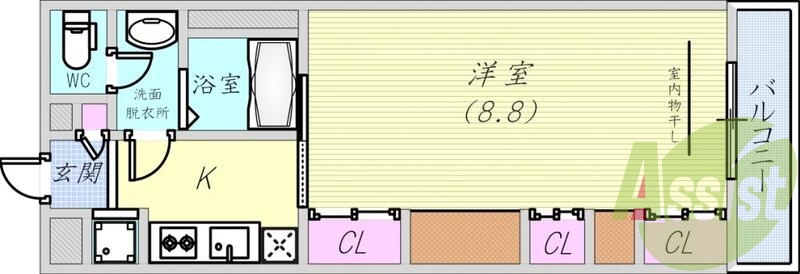 1K（28.98平米）システムキッチン・独立洗面台・収納