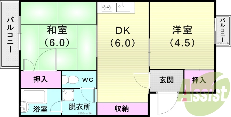 2ＤＫ（４３平米）モニター付きインターホン・室内洗濯機置き場