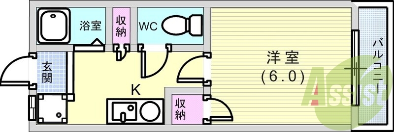 1Ｋ(19.87平米）インターネット無料、ＩＨコンロ