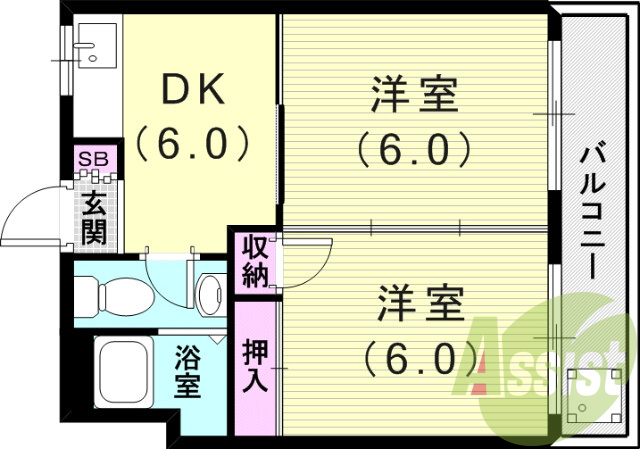 2ＤＫ（３８．５平米）ガスキッチン・エアコン・下駄箱・収納