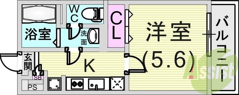 1K（20.28平米）2口ガスコンロ・室内洗濯機置場