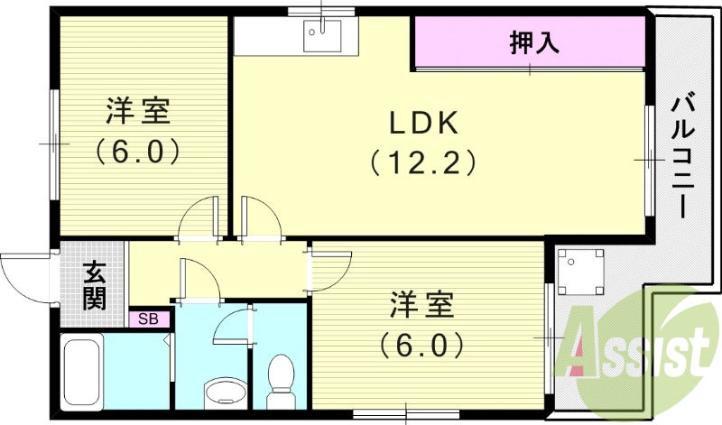 2LDK（51.94平米）エアコン・最上階角部屋・バルコニー