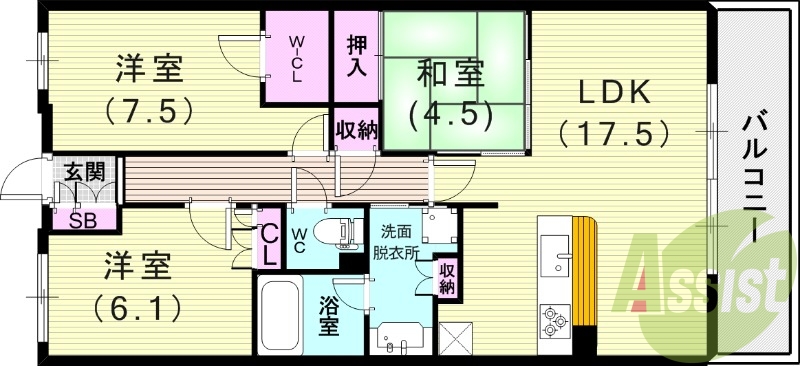 3LDK（80.57平米）浴室乾燥機・エアコン・床暖房・収納