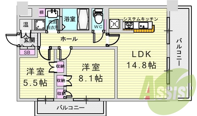 2LDK（63.7平米）浴室乾燥機・モニターホン・独立洗面台