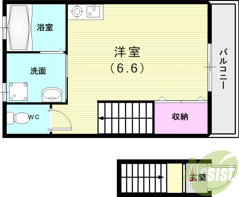 ワンルーム（２１．２４平米）1口ガスコンロ・洗髪洗面化粧台