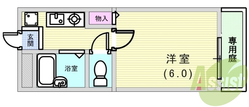 1K(20.28平米）エアコン・室内洗濯機置場・専用庭