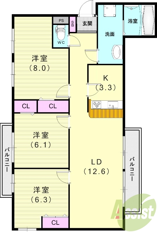 3LDK（77平米）オール電化・独立洗面台・オートロック