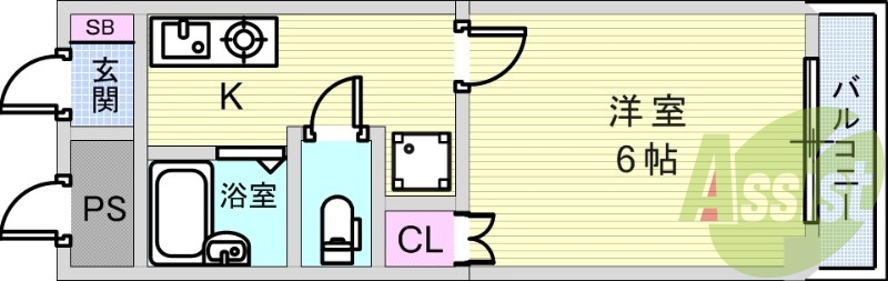 １Ｋ（19.48平米）エアコン・室内洗濯機置場・ガスキッチン