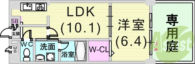 1LDK（40.46㎡）専用庭・ウォークインクローゼット