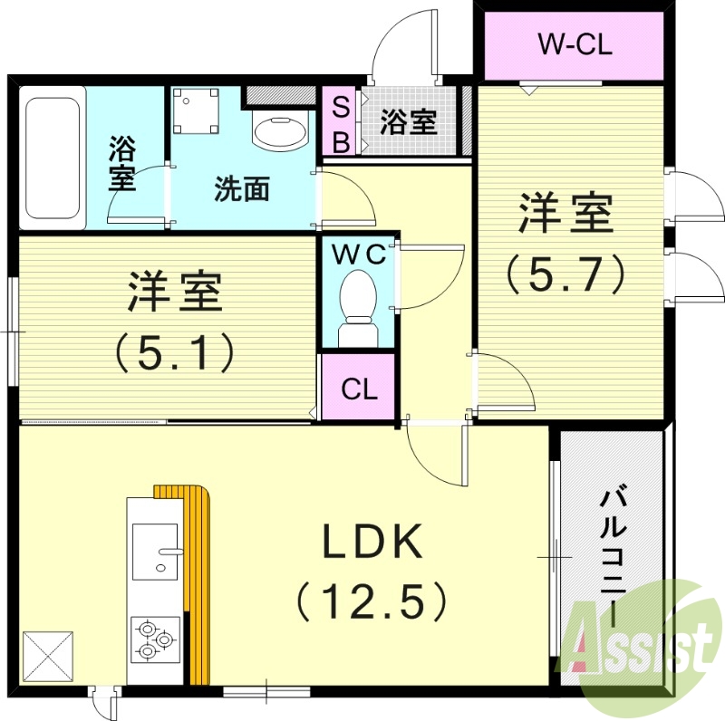2LDK（54.92㎡）対面システムキッチン・オートロック