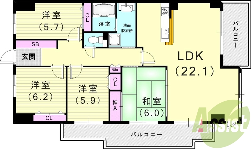 ４ＬＤＫ（１０１．２平米）カウンターキッチン・バルコニー