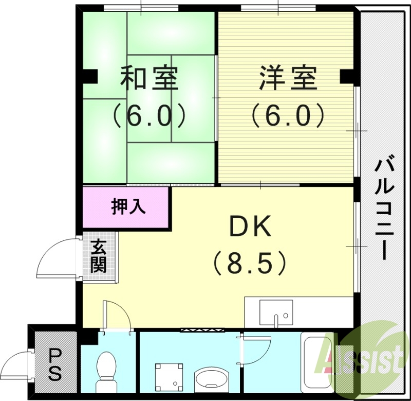 2DK（45平米）押入・独立洗面台・室内洗濯機置場