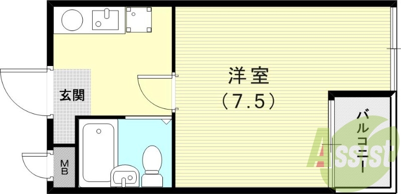 1Ｋ（19平米）エアコン・室内洗濯機置場・バルコニー