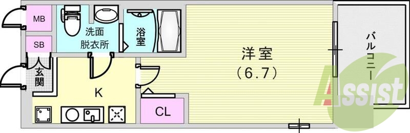 1R（21.83平米）室内洗濯機置場・エアコン・バルコニー