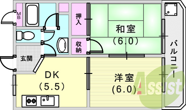 2DK（39平米）独立洗面台・ガスキッチン・収納スペース