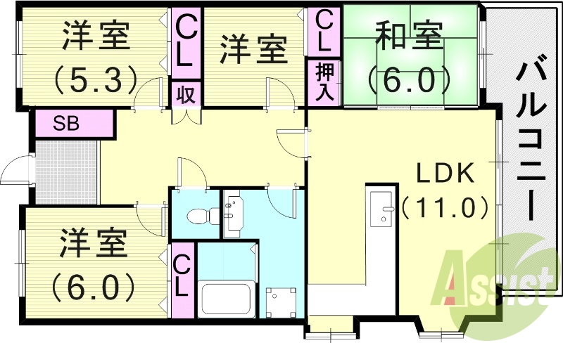 ４LDK（84.93平米）システムキッチン、室内洗濯機置場