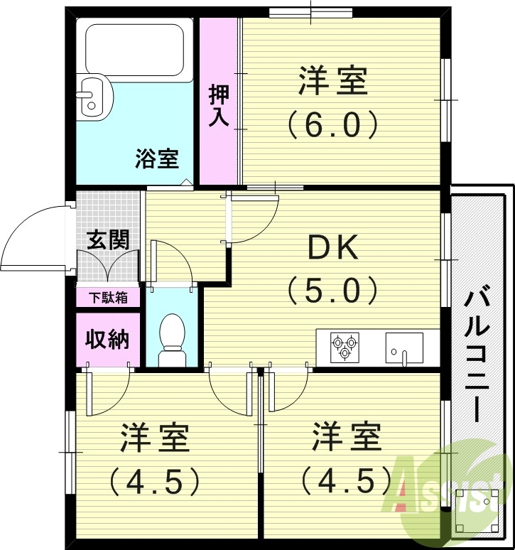 3DK（45平米）システムキッチン・収納・フローリング