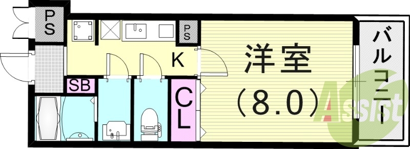 1K（26.5平米）インターネット無料・浴室乾燥機