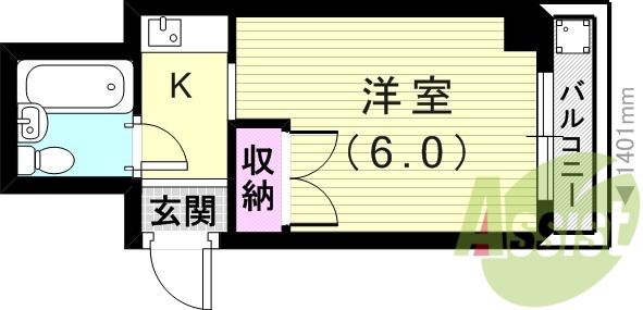 1K（16.59平米）角部屋・バルコニー・収納