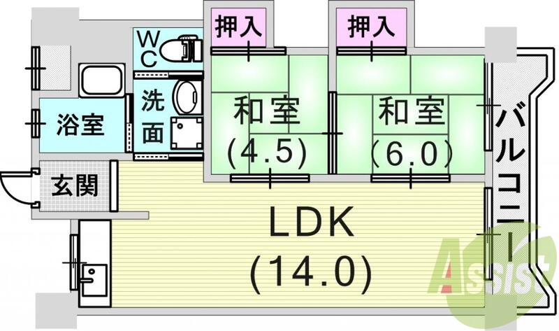 2ＬＤＫ（52.65平米）エレベーター、室内洗濯置き場
