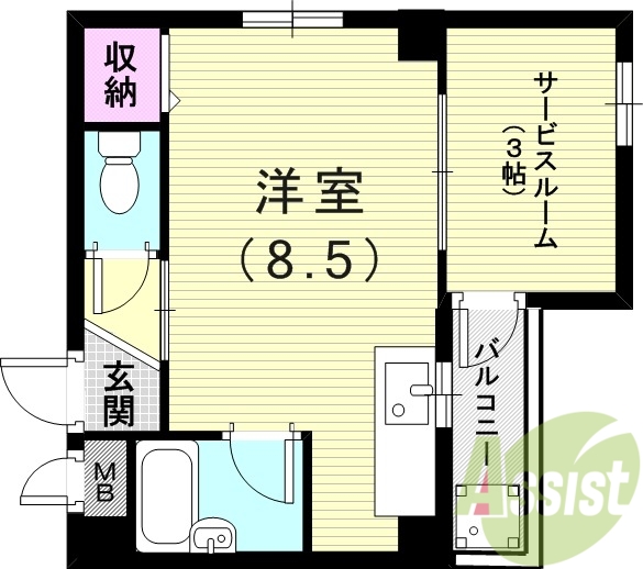 1R（25平米）サービスルーム・エアコン・風呂トイレ別・収納