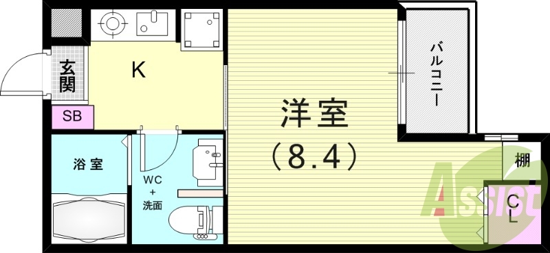 1K（26.34平米）独立洗面台・室内洗濯機置き場