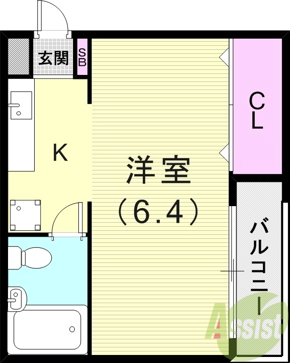 1K（18.72平米）バルコニー・室内洗濯機置場・収納