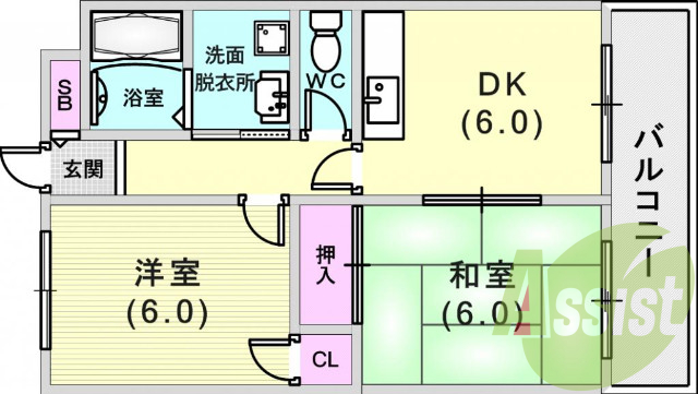 ２ＤＫ（４３平米）室内洗濯機置場・エアコン・ガスキッチン