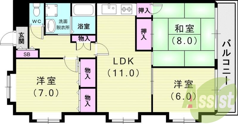3LDK（70平米）モニター付きインターホン、追い焚き機能