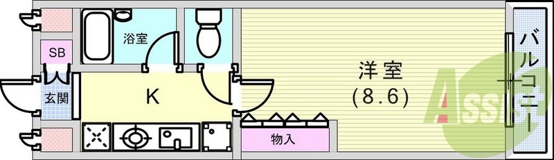 1K（25.69平米）システムキッチン・収納・下駄箱