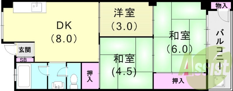 3DK(48.7平米）風呂トイレ別・和室・モニターフォン